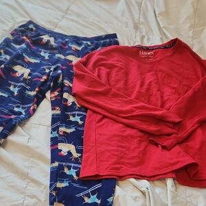 Hanes Womens Pajama Set - Red Top and Blue Patterned Pants